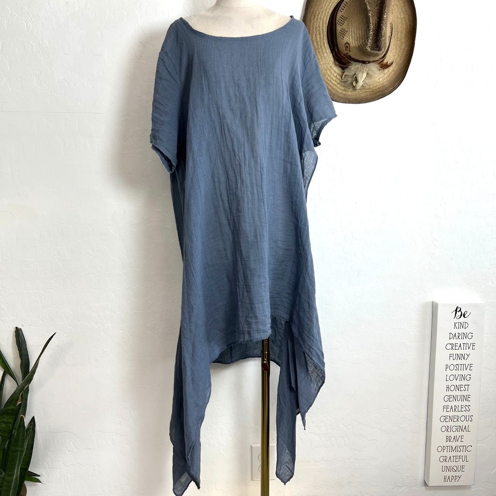 Gianni Moda Italy 100% Linen Tunic Top Blue Asymmetric Handkerchief Hem M/L